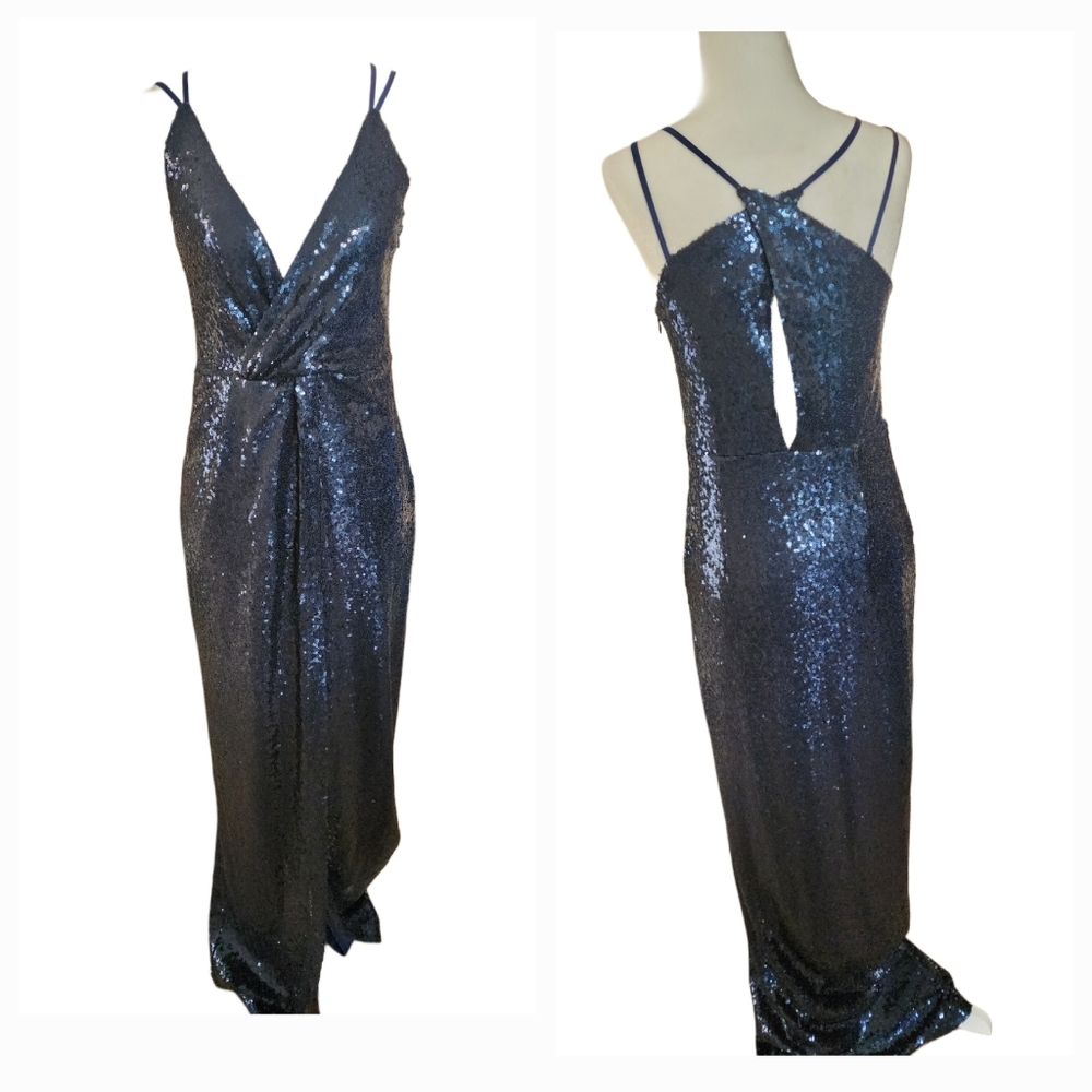 Halston Sequin Gown Midnight Blue Wrap Front Keyhole Back Low- Cut Size 2